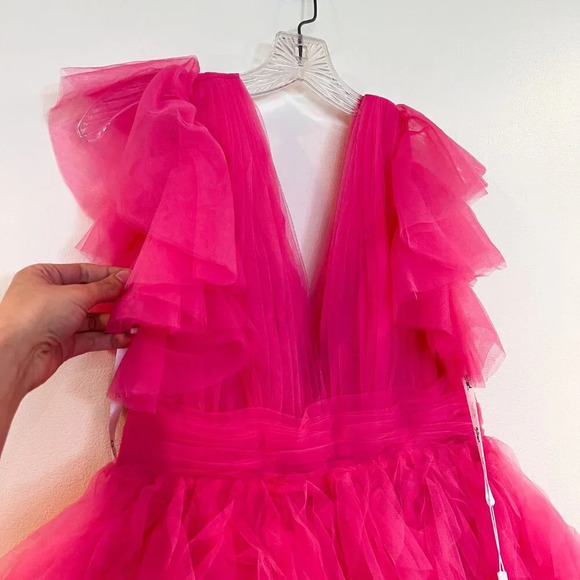 Mac Duggal Hot Pink Tulle V Neck Strapless Layered Preppy Mini Dress 6 NWT - Picture 4 of 10